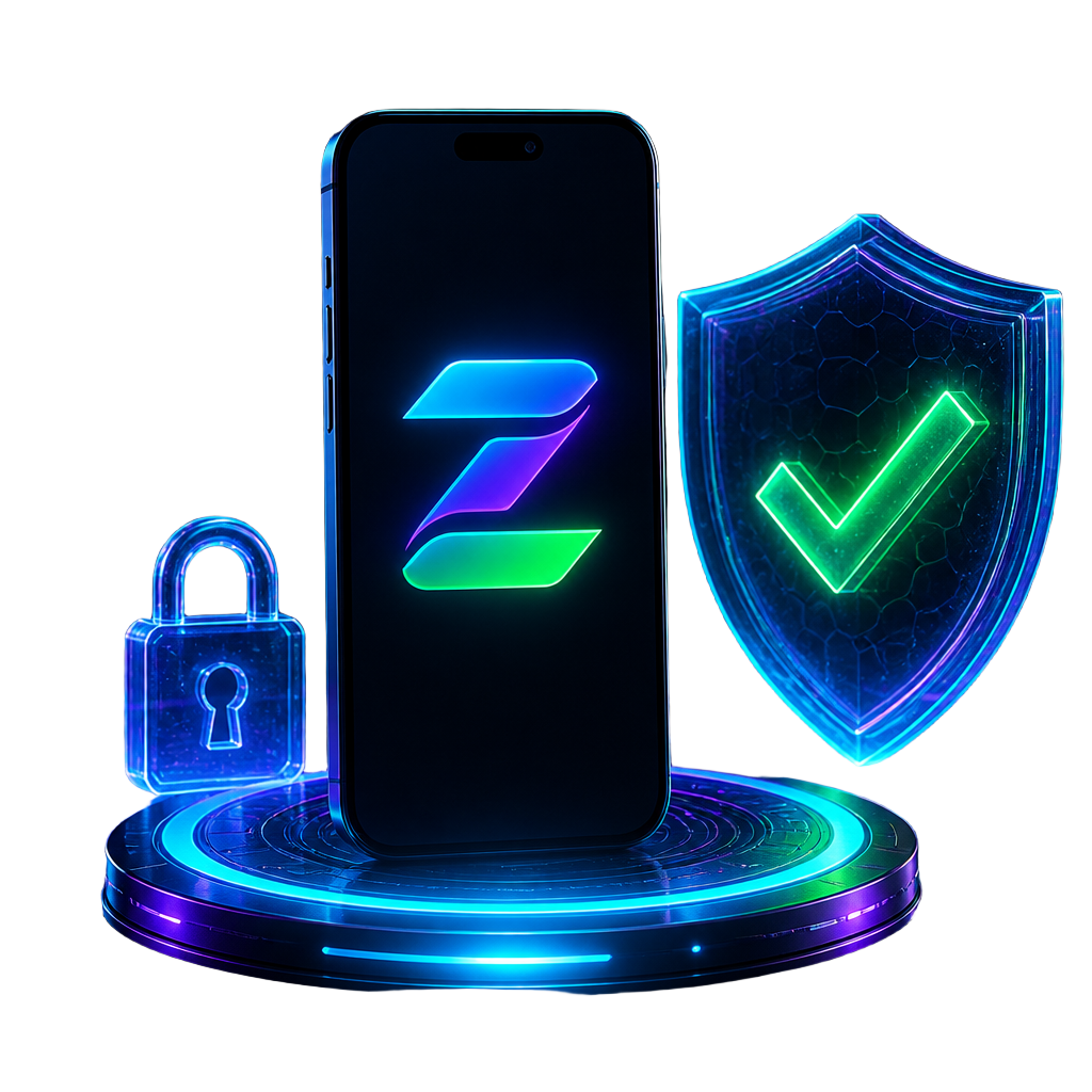 Znetwork.shop secure access illustration with phone, lock and shield